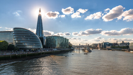 Sunset over London, a view on UK capital, the mixture of modern, classical and business architecture