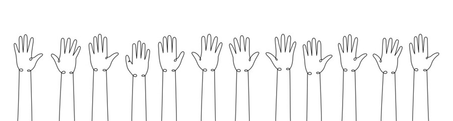 Hands up one line continuous drawing. Collaboration, solidarity continuous one line illustration. Vector minimalist linear illustration.