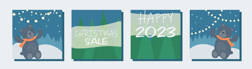 Thematic image of winter discounts. Christmas and New Year sale and low prices 50% off. Set of vector elements: christmas tree, snow, gifts, santa, santa claus, toys, decorations