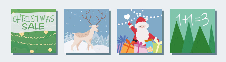 Thematic image of winter discounts. Christmas and New Year sale and low prices 50% off. Set of vector elements: christmas tree, snow, gifts, santa, santa claus, toys, decorations