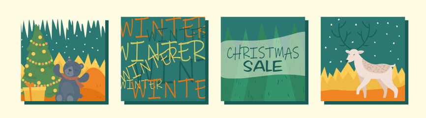 Thematic image of winter discounts. Christmas and New Year sale and low prices 50% off. Set of vector elements: christmas tree, snow, gifts, santa, santa claus, toys, decorations