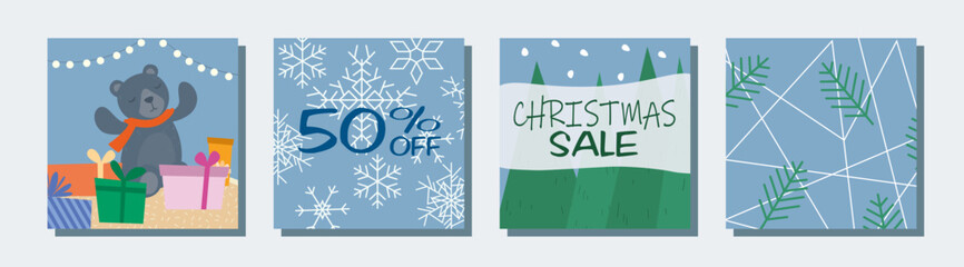 Thematic image of winter discounts. Christmas and New Year sale and low prices 50% off. Set of vector elements: christmas tree, snow, gifts, santa, santa claus, toys, decorations