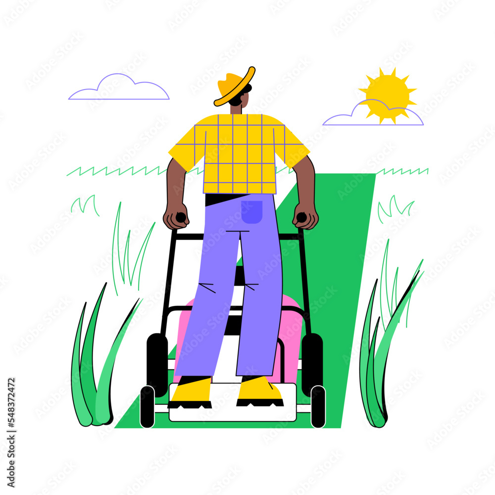 Poster controlling weeds by mowing isolated cartoon vector illustrations. farmer with mowing machine on fie
