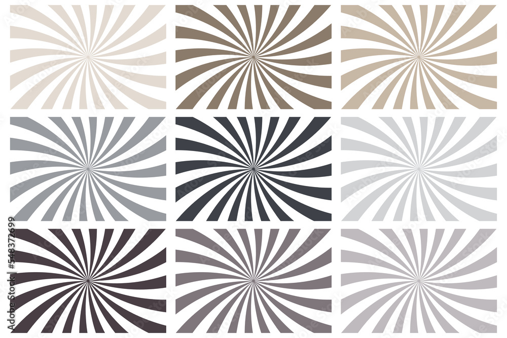 Poster set spiral rays. vintage retro. optical pattern. circular frame. vector illustration. stock image.