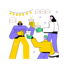Drinking mulled wine isolated cartoon vector illustrations. Group of young friends drink mulled wine near Christmas market, have fun together at evening, winter holiday fair vector cartoon.