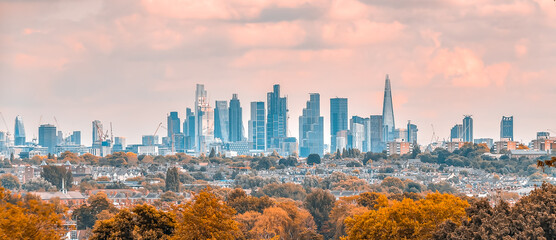 Sunset over London, a panoramic view on UK capital, the mixture of modern, classical and business architecture