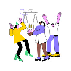 Greetings from colleagues isolated cartoon vector illustrations. Happy birthday girl blows out the candles at work, colleagues having fun, greeting from friends, special occasion vector cartoon.