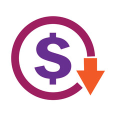 Dollar down icon. Cost reduction icon. Vector. Isolated.