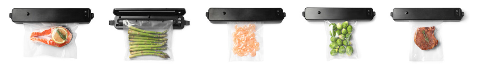 Set with sealer for vacuum packing, plastic bags and different products on white background, top...