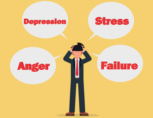 Sad business man overburdened by stress, depression, anger, failure. Entrepreneur business person negative emotions burden nd problems