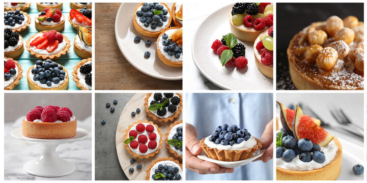Collage with photos of different tasty tartlets. Banner design