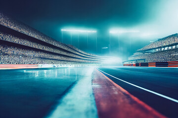 Race Track Arena with Spotlights. Empty Racing track with grandstands, shooting in the middle of the racing track and starting point. 3d render