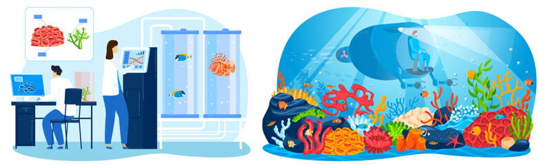 Naklejka na ściany i meble Underwater sea research, vector illustration, flat man character use aquatic equipment to explore marine nature, modern submarine in deep ocean