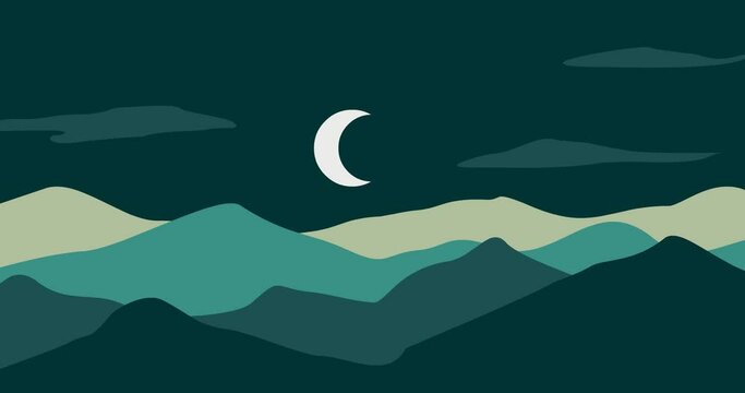 animated green gradation mountain nature background with night moon