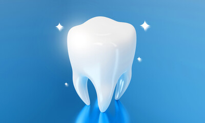 Tooth on blue reflect background. Medical wellness and Dental healthcare concept. 3D illustration rendering