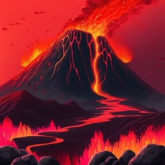 Landscape Hot Volcano With Lava Flow