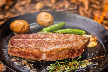 ステーキ　Bake beef steak outdoors, at a campsite
