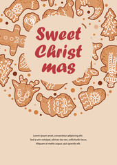 Template with gingerbread cookies for Holiday Baking Party, Invitation for Cookie decoration celebration, Cookie exchange, Christmas greeting card. Place for text. Vector illustration.