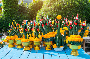 Fototapeta premium Tray with pedestal made by leaf and flower,major is banana leaf and marigold,mean happy and growth,for hallow holy object,Buddha,Brahman