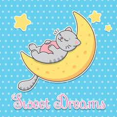 Postcard Sweet dreams. the cat sleeps on the Moon cute simple flat vector