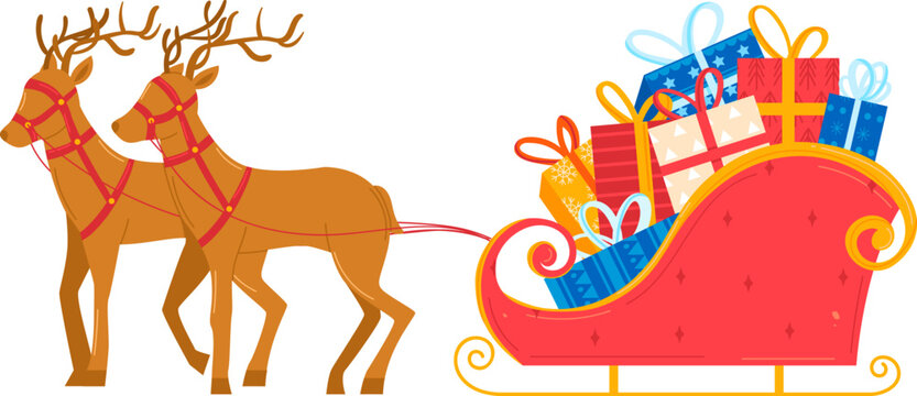 Santa Claus reindeer sleg carries with gifts to children vector illustration, isolated on white background. Merry Christmas Santa deer card
