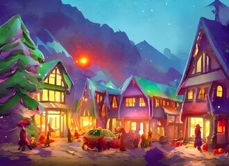 Fototapeta na wymiar In the picture, there is a village with houses made out of gingerbread. The roofs are covered in snow and there are Christmas lights everywhere. Santa Claus is standing in the middle of the village, s