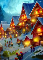 Fototapeta na wymiar In the picture, there is a village with houses made of gingerbread and candy. The roofs are covered in snow and there are string lights hung around the perimeter. In the center of the village is a tal
