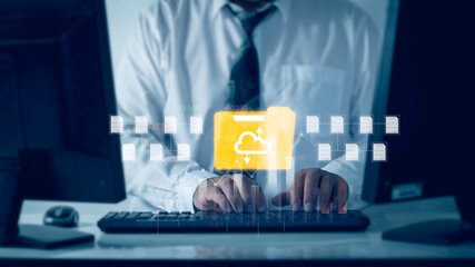 Businessman analyzing virtual digital document data Forecast the company's earnings growth in 2023,...