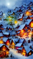 Fototapeta na wymiar In the picture, there is a village with houses made of gingerbread and candy. The roofs are covered in snow and there are Christmas lights everywhere. Santa Claus is standing in the middle of the vill