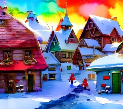 In the photo, there is a small village with houses made of gingerbread and candy. The roofs are covered in snow and there are Christmas lights strung around the perimeter. In the center of the village