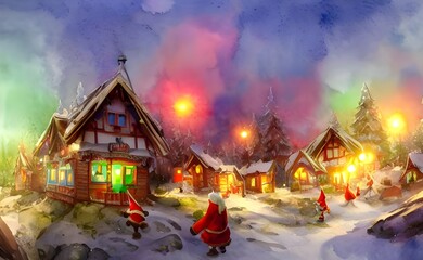 Fototapeta premium As I zoom in on the picture, I'm transported to a festive scene. In the center of the village is a large Christmas tree, decorated with bright lights and sparkling ornaments. Jingle bells can be heard