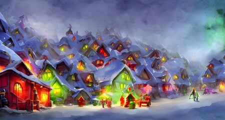 In the picture, there is a village with small shops and houses. The streets are covered in snow and there are people walking around in winter clothes. In the center of the village is a large Christmas
