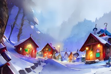 The sun is shining down on the picturesque village of Santa Claus. The colorful houses and quaint streets are adorned with Christmas decorations, and in the center of it all sits a beautiful Christmas