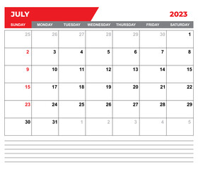 July 2023 Calendar. July 2023 Calendar Vector Illustration. Wall Desk Calendar Vector Template, Simple Minimal Design. Wall Calendar Template For July 2023.