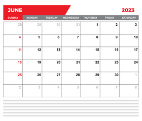 June 2023 Calendar. June 2023 Calendar Vector Illustration. Wall Desk Calendar Vector Template, Simple Minimal Design. Wall Calendar Template For June 2023.