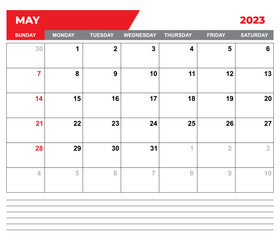May 2023 Calendar. May 2023 Calendar Vector Illustration. Wall Desk Calendar Vector Template, Simple Minimal Design. Wall Calendar Template For May 2023.