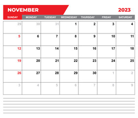 November 2023 Calendar. November 2023 Calendar Vector Illustration. Wall Desk Calendar Vector Template, Simple Minimal Design. Wall Calendar Template For November 2023.