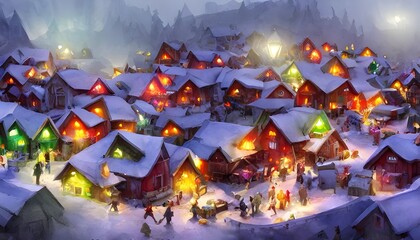 The sun is shining down on the red and white buildings of Santa Claus village. Snow covers the ground, and children are running around playing games. There is a big Christmas tree in the center of the