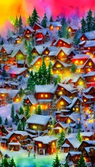 The sun is shining down on the red and white roofs of the buildings in Santa Claus village. The snow on the ground glitters in the light, and people are walking around enjoying the sights and sounds o