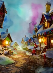 Fototapeta premium In the picture, there is a village with houses made of candy and gingerbread. The roofs are covered in snow and there are Christmas trees everywhere. Santa Claus is in the center of the village, surro