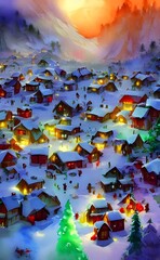In the picture, Santa Claus village is a small town located in Finland. The houses are made of wood and there is snow on the ground. In the center of town, there is a largeChristmas tree .