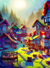 I see a village made entirely out of gingerbread houses. The roofs are dusted with snow and there's a little pond in the center of the village with a bridge crossing over it. All around the edge of th