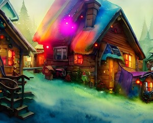 Obraz premium In the photo, there is a group of buildings that appear to be made out of gingerbread. There are candy canes lining the rooftops and snow on the ground. Santa Claus is in the center of the village, wa