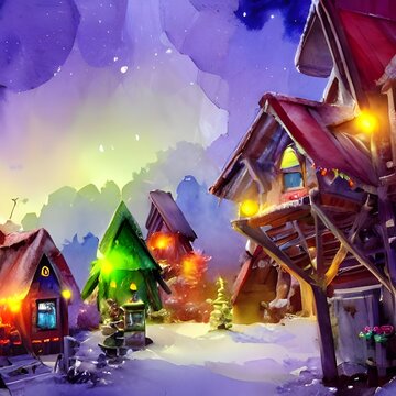 The snow is falling gently on the rooftops and houses of Santa Claus village. In the distance, you can see Reindeer pulling a sleigh through the air. The scene is idyllic and peaceful.