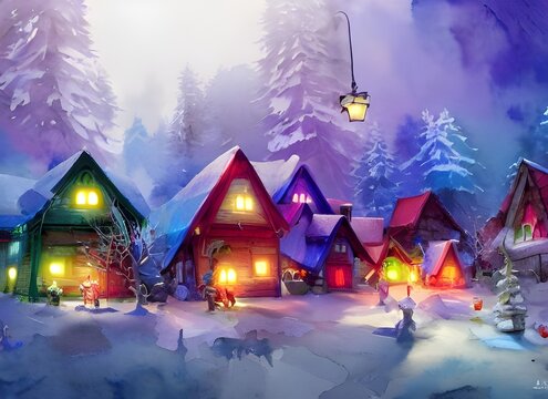 In the picture, there is a village with houses made of gingerbread and candy. The roofs are covered in snow and there are Christmas lights everywhere. Santa Claus is standing in the middle of the vill