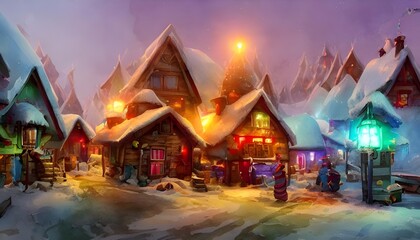 Obraz premium In the land of eternal Christmas, Santa Claus lives in his cozy village surrounded by elves, reindeer and evergreen trees. Every day is filled with laughter and joy as the North Pole prepares for Dece