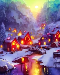 In the picture, there is a village with houses made of gingerbread and candy. The roofs are covered in snow and there are Christmas lights everywhere. Santa Claus is standing in the center of the vill