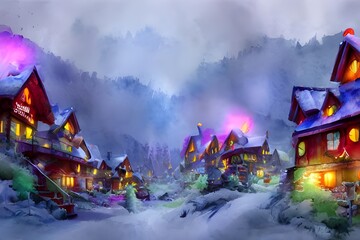 In the Santa Claus village, there are elves making presents, reindeer playing in the snow, and children decorating gingerbread houses.