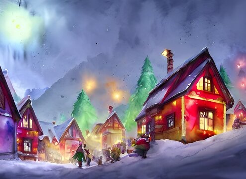I see a whimsical village with gingerbread houses and candy cane lanes. Everything is dusted with snow and there's a beautiful Christmas tree in the center of it all. I can hear sleigh bells in the di