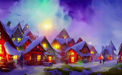 In the picture, there is a village with many buildings and people. The buildings are made of wood and have snow on them. In the center of the village is a large Christmas tree. There are presents unde